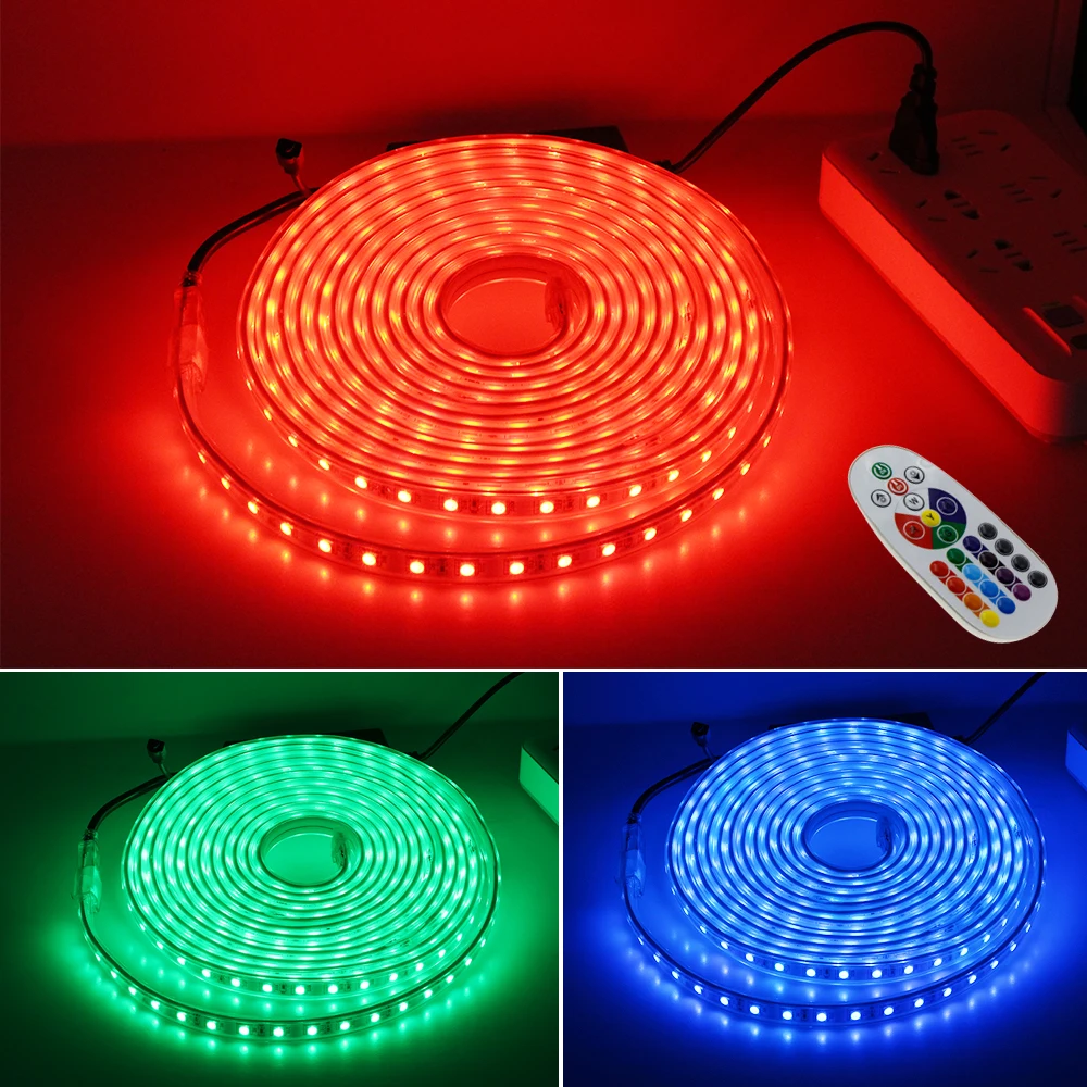 220 В RGB Светодиодная лента 5050 RGB Цвет сменный с 24-кнопочным пультом дистанционного управления Водонепроницаемый для наружного использования гибкая светодиодная лента