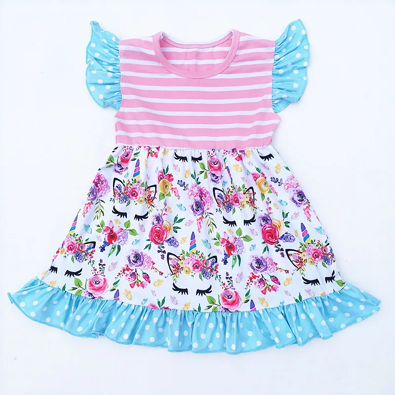 

New Summer Boutique Dress Baby Children Unicorn Pattern Girl Sleeve Dresses Party dress Baby Girl Clothes Milksilk High Quality