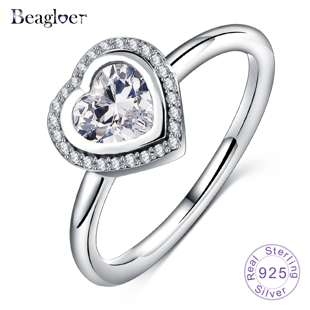 Beagloer хит продаж подлинное серебро 925 пробы сверкающее Сердце Любви кольцо с