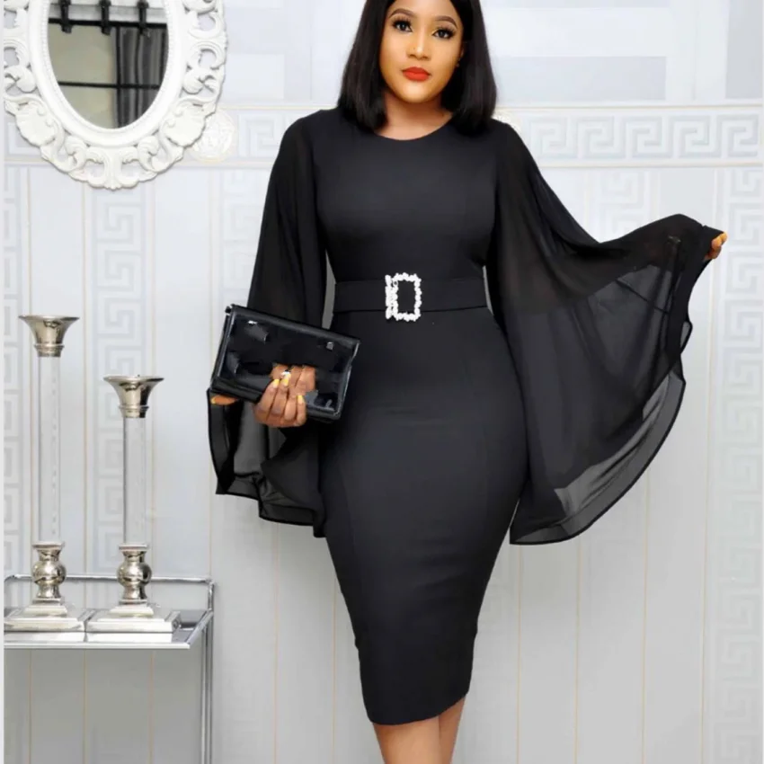 

Africa Clothing Chiffon Long Sleeve Dress African Dresses For Women Sexy O-Neck Perspective Slim Dress Office Lady Party