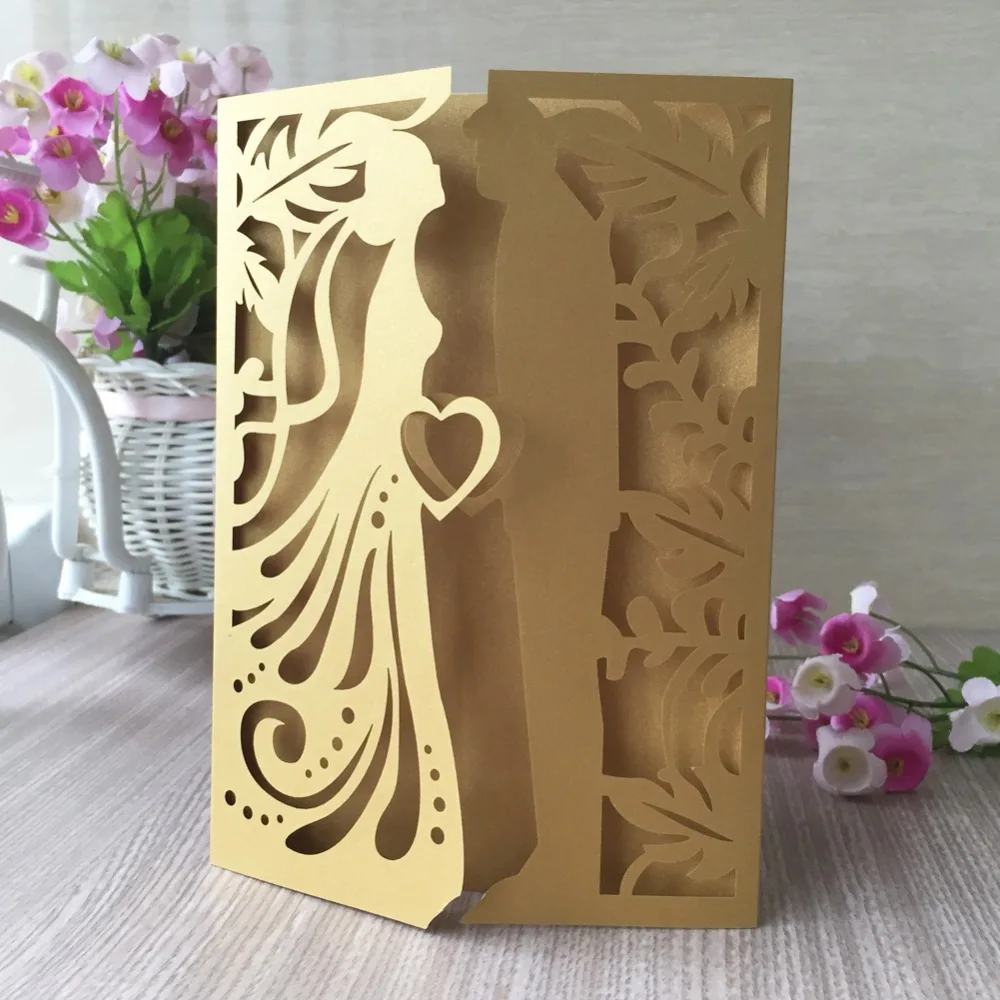 

100pcs/lot Personalized Laser Cut Bride Groom Theme Wedding Invitation Card Anniversary Celebration Blessing Card