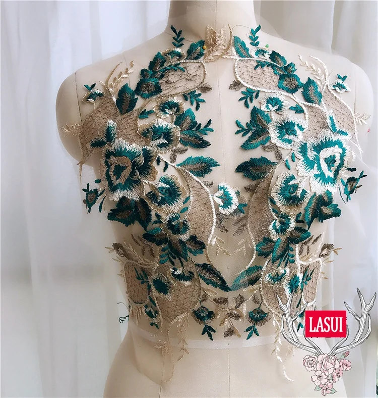 Кружевная аппликация LASUI 43*19 см зеленая и золотая нитка с вышивкой ювелирные