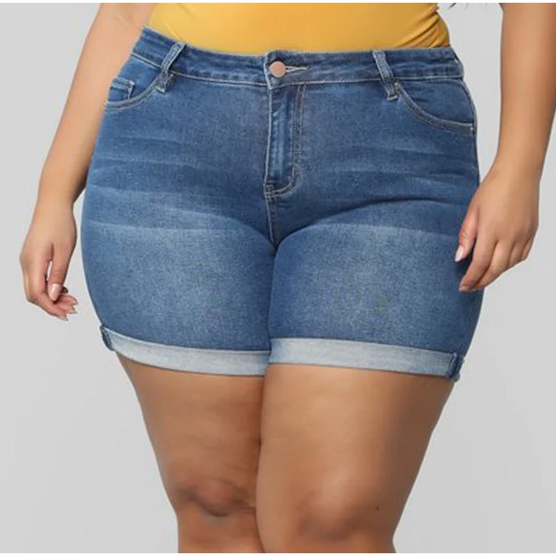 Blue Европейские короткие джинсы деним для женщин размера плюс, синие, 3XL 4XL, летние, повседневные, свернутые, эластичные, обтягивающие шорты - Цвет: Blue