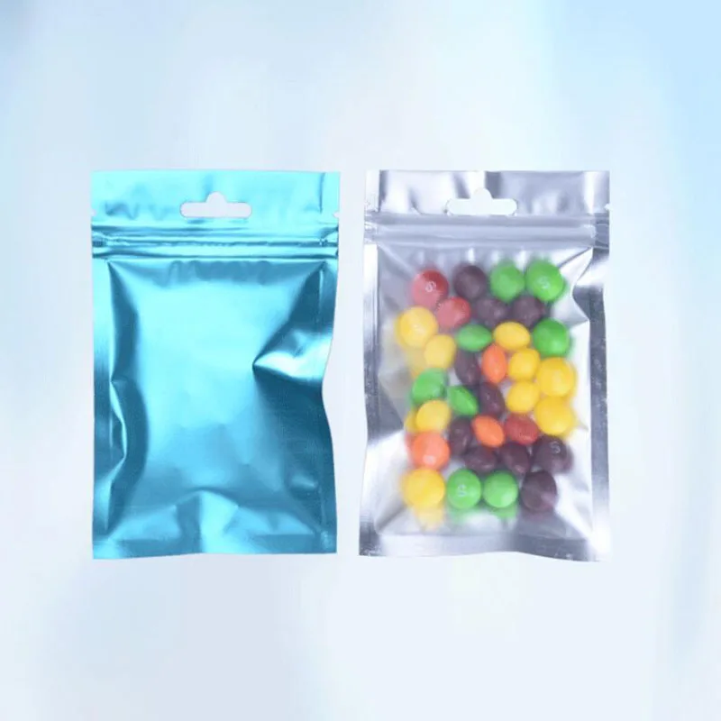 Blue 100 шт цветной мешок из алюминиевой фольги, самоуплотняющийся Ziplock мешок для упаковки еды, розничная торговля, зеленый синий черный проволочный упаковочный мешочек для ювелирных изделий - Цвет: Blue