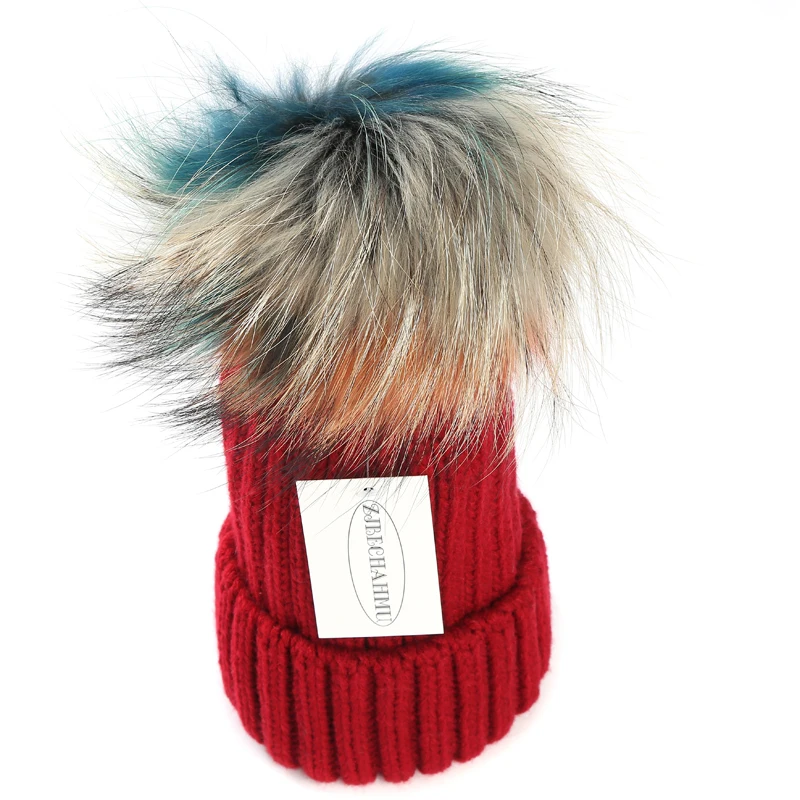 Children Red Модная новинка, помпоны из натурального Лисьего меха и норки, 15 см, Skullies Beanies, шапки для женщин и девочек, зимние шапки, детские шапки, шапка - Цвет: Children Red