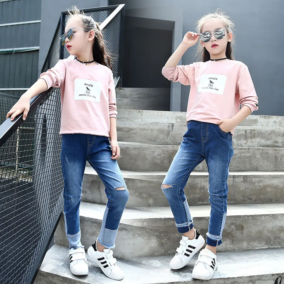 Весенние милые джинсы для девочек Повседневные детские синего цвета 4 6 8 10 12 14 лет