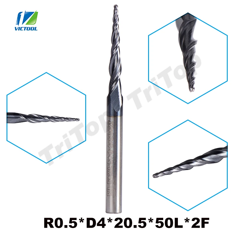 5 шт./лот R0.5 * D4 20 50L 2F HRC55 длинная Флейта с карбидом вольфрама коническая конусная