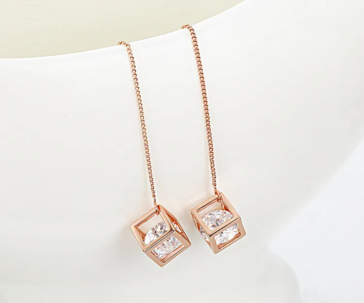 Полого Куба w/AAA CZ Циркон Link Rose Gold Цвет длинной цепочкой падение серьги нити через Серьги для Для женщин Обувь для девочек Jewelry aros