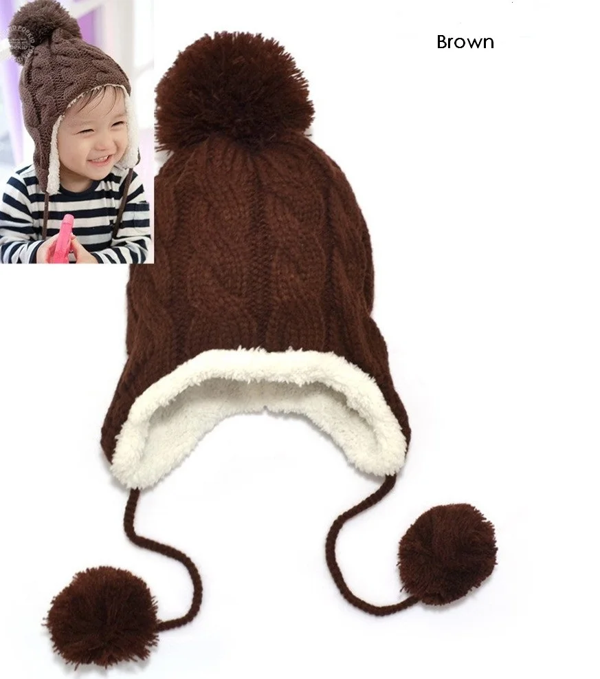Baby Hat Children Knitted Hats Kids Winter Warm Crochet Cap Girls Boys Beanie Bomber Ear Girl Boy Ball Caps | Детская одежда и