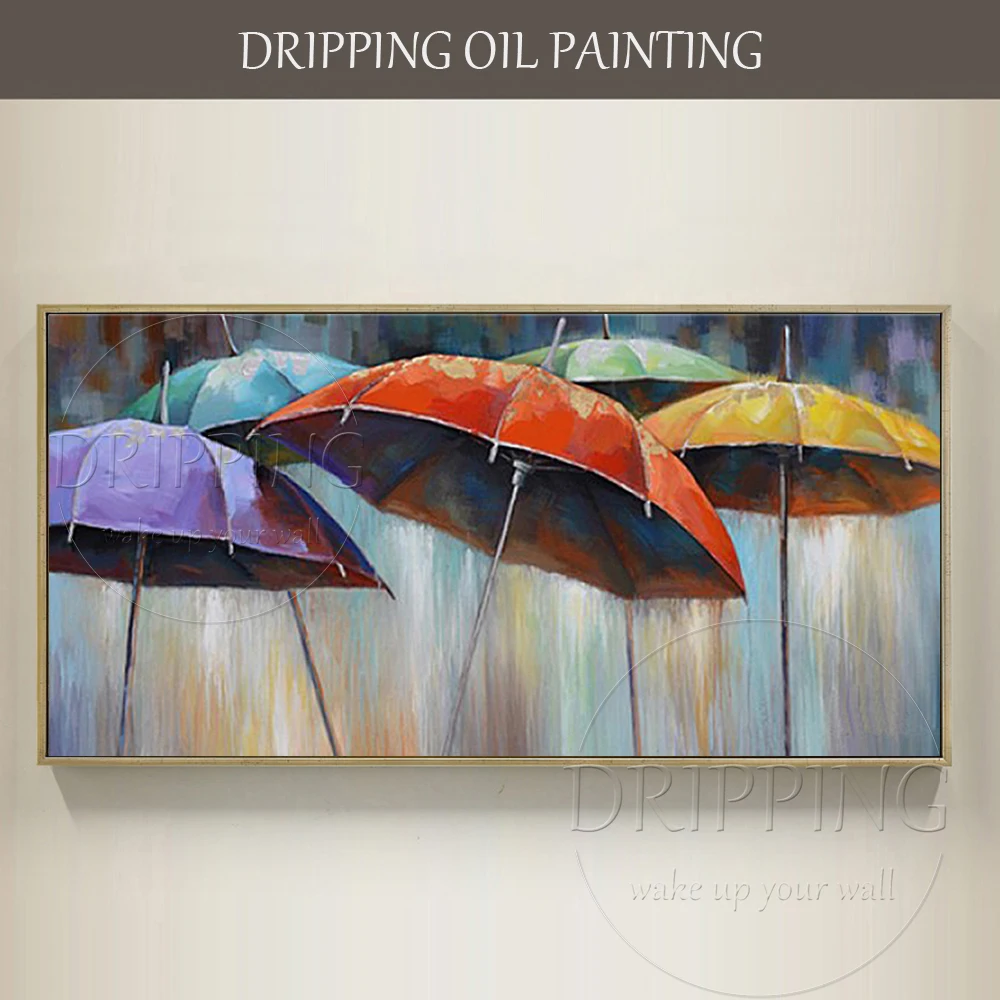 Artist Hand-painted Romantic Rainy Day Colorful Umbrella Oil Painting On Canvas Modern Picture for Bedroom | Дом и сад