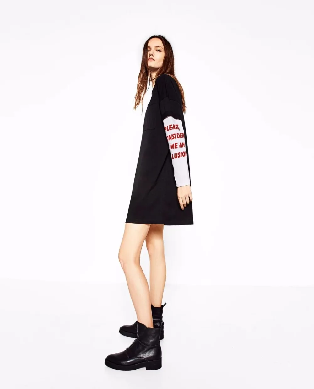 Зима Поддельные из двух частей Футболка Платье Женщины Марка Карманы О шея