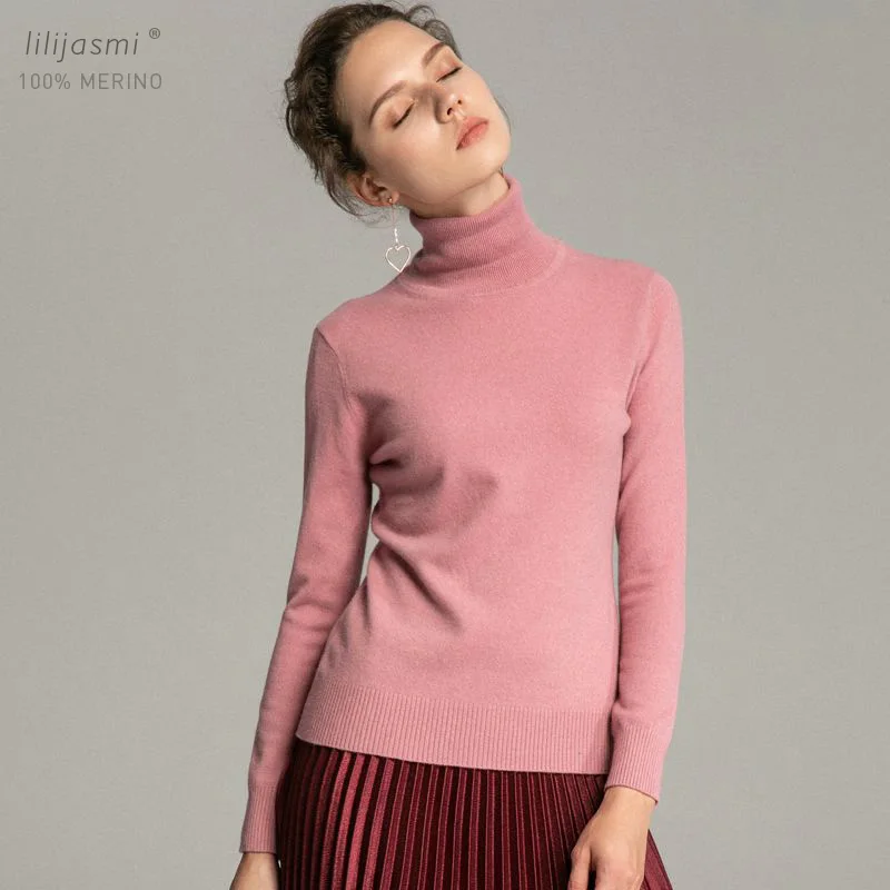 Trend Colors Women 100% Real Merino Wool Turtleneck Pullover Sweater Women's Solid Rib Collar Sweaters Knit Top Female Jumper | Женская