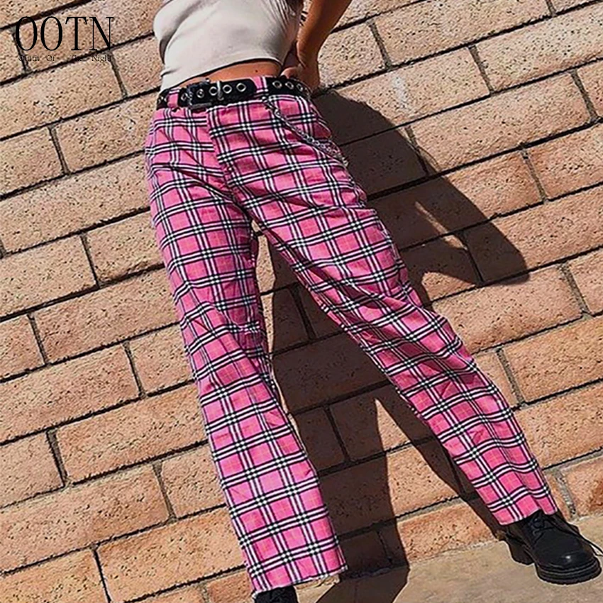 OOTN розовый белый плед Карманы для женщин длинные брюки девочек цепи Женский на
