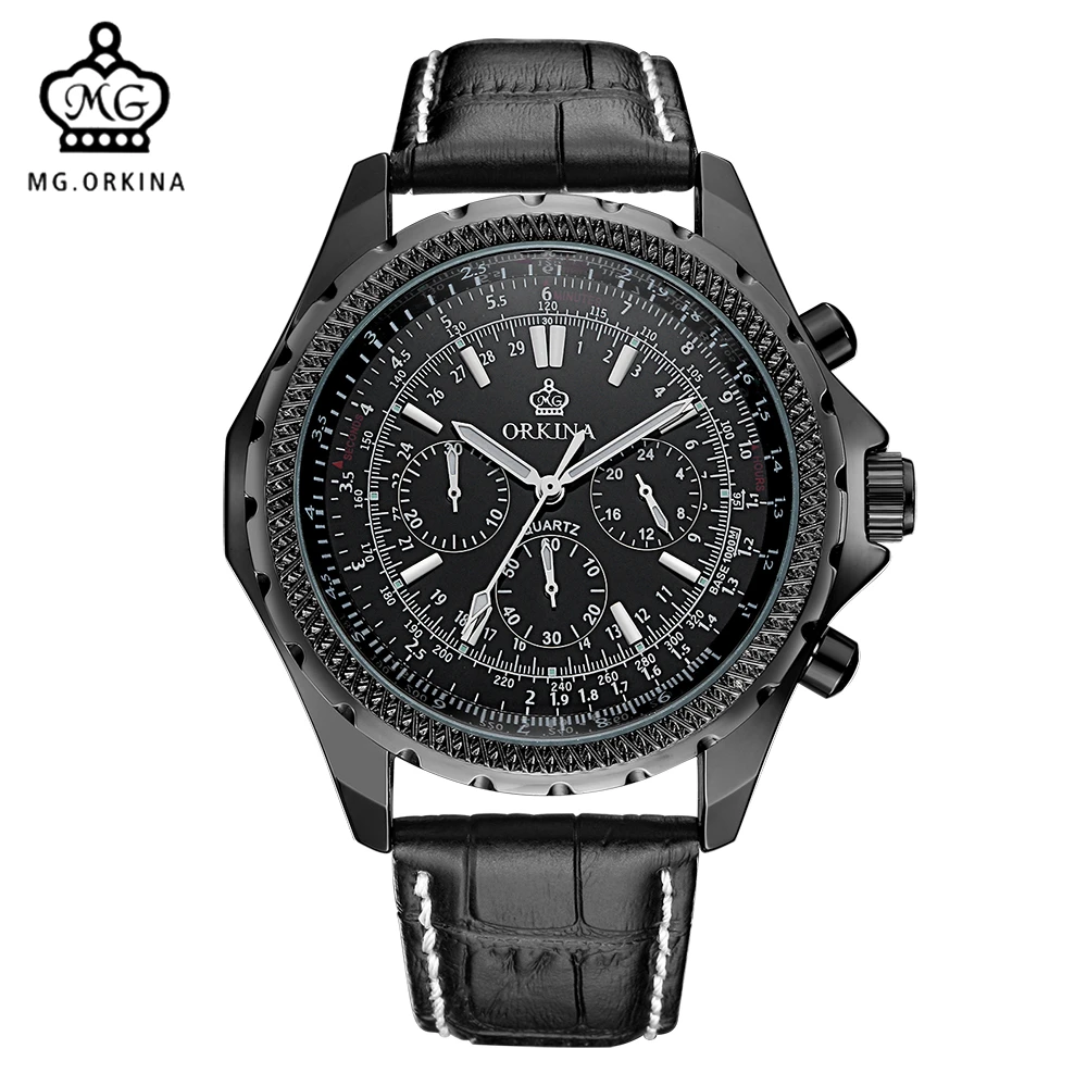 

MG.ORKINA Male Clock Leather Belt Big Case Luminous Hands Stopwatch Chronograph Japan Movt Stainless Steel Case Men Watches 2016