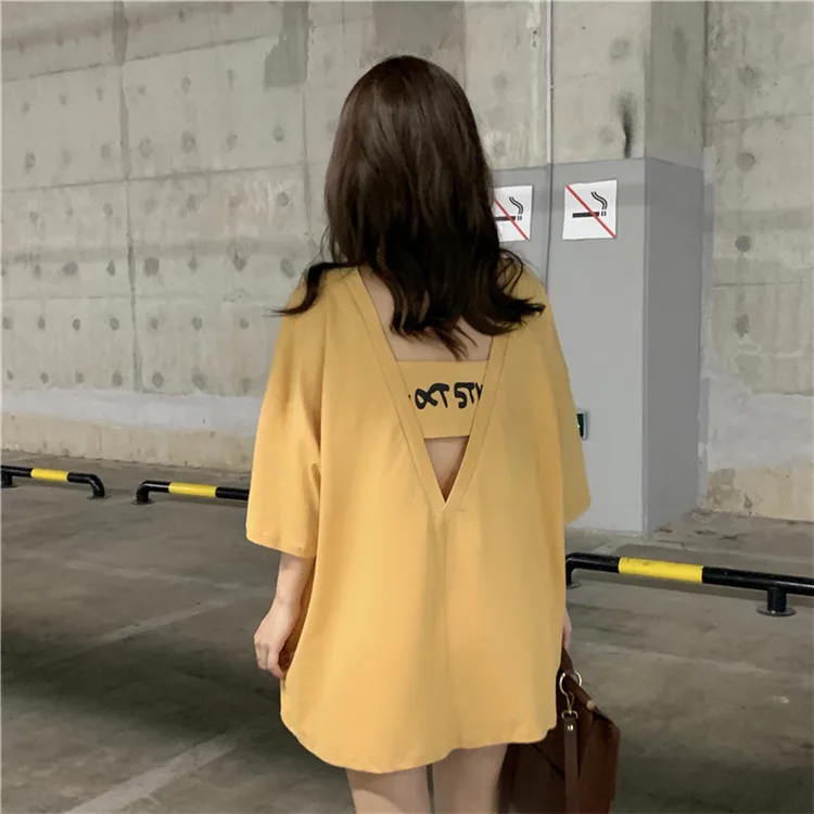 Harajuku креативная женская футболка с открытой спиной, летняя новая футболка с буквенным принтом, женские корейские повседневные свободные мягкие топы, Длинные футболки