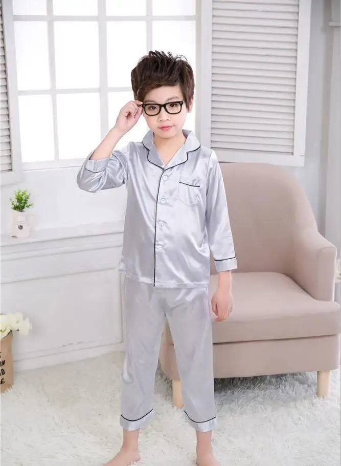 Silver long sleeve Пижамный комплект из шелковой ткани для мальчиков и девочек от 3 до 15 лет коллекция года, Весенняя Детская домашняя одежда ночное белье комплект одежды для девочек - Цвет: Silver long sleeve