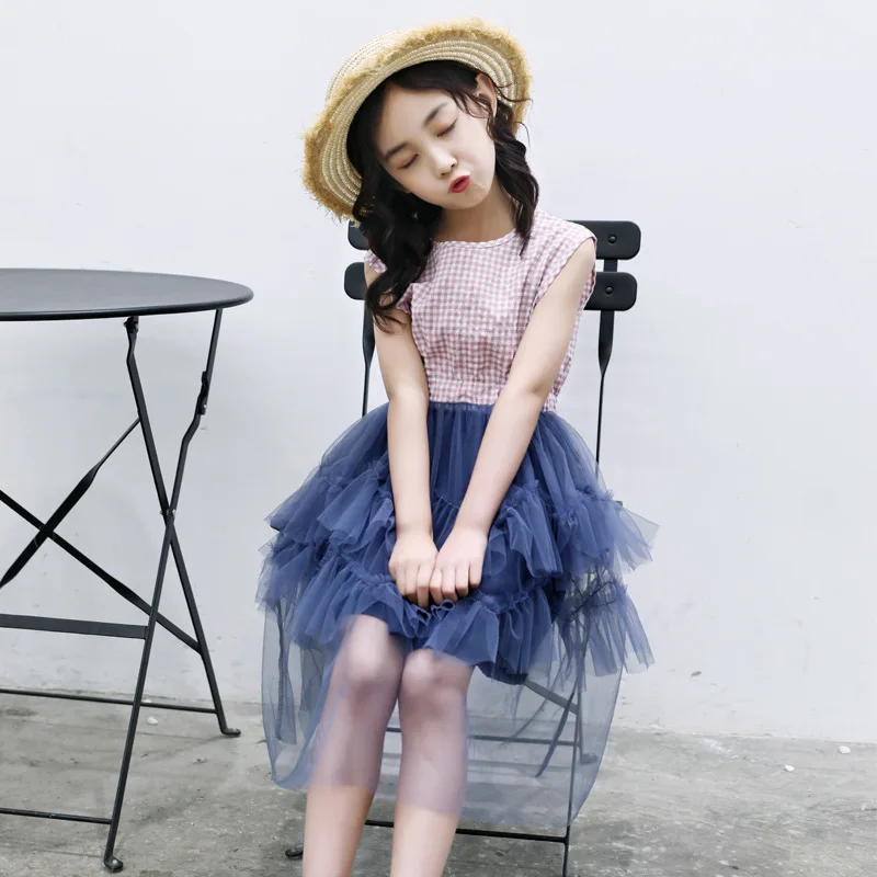 

Girls Princess Dress 2020 New Summer Girls Plaid dress Kids Clothes Plaid Sleeveless top with Tutu Mesh Dress For 4-13Y Dress