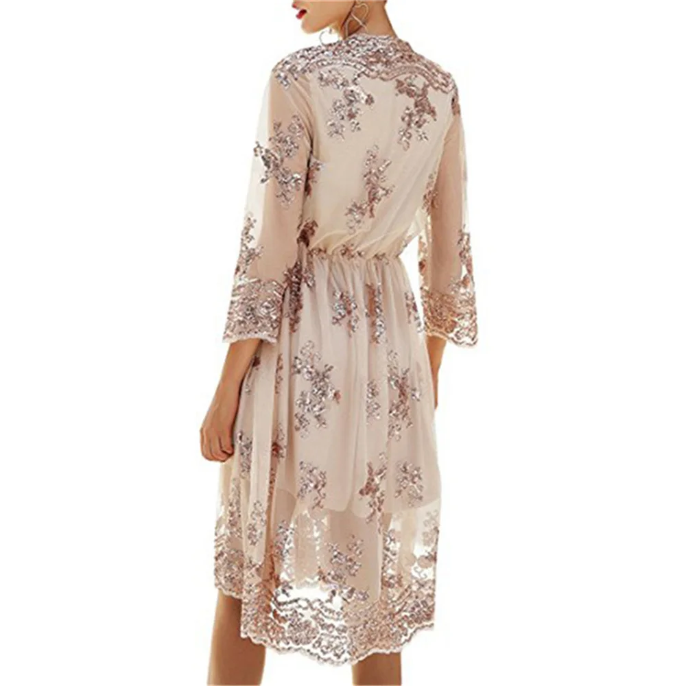 

Women V Neck Long Sleeve Sequin Party Dress Sexy Mesh Streetwear Midi Dress Female 2018 Summer Casual Dresses Vestido Robe