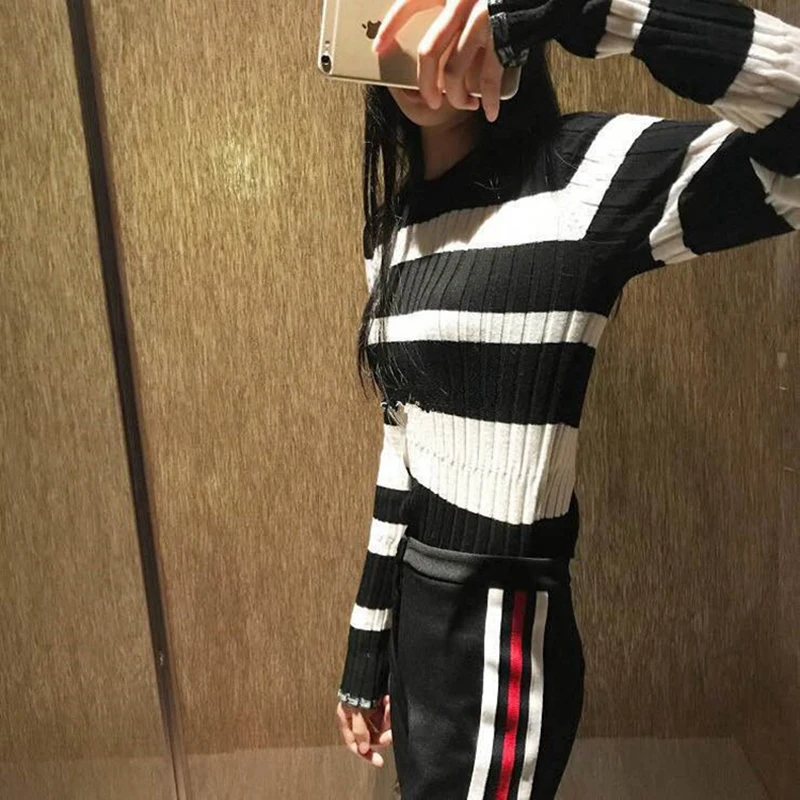 MYDC women winter long sleeve casual sweater o-neck knitted pullover regular striped 2017 new fashion |