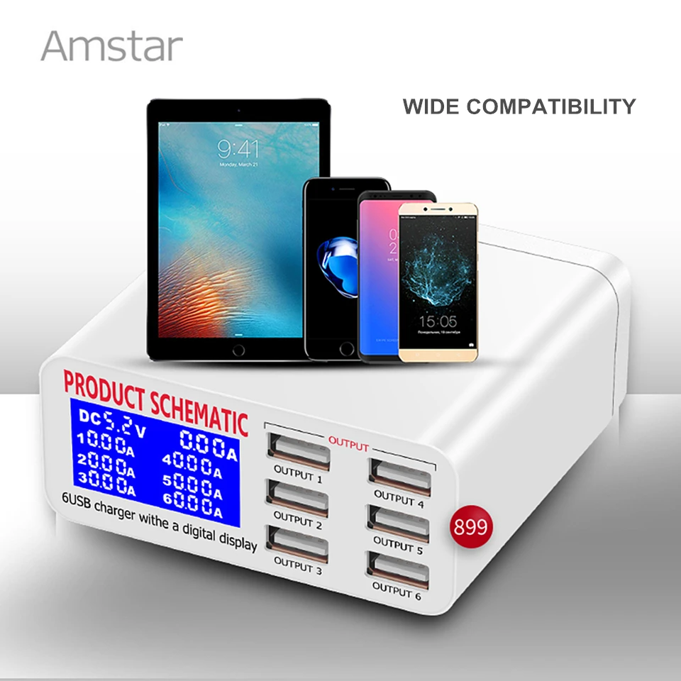 Зарядное устройство USB Amstar со светодиодным дисплеем для iPhone iPad Samsung быстрая