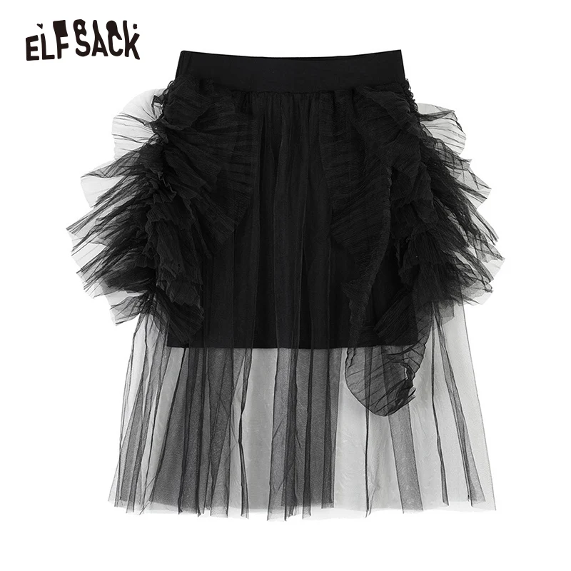 ELF SACK Черная кружевная Лоскутная Женская мини юбка 2019 Осенняя Милая модная
