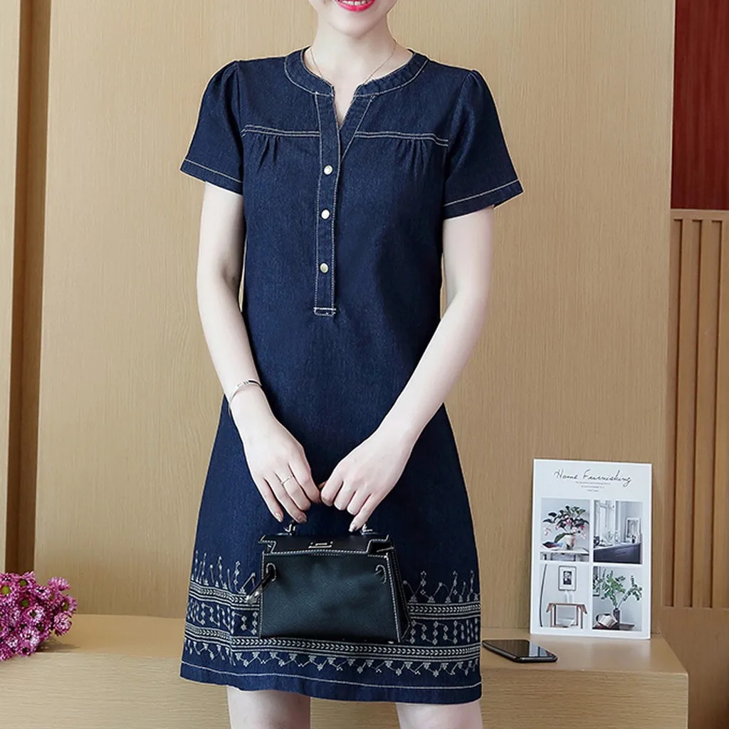 Женское джинсовое платье рубашка Modis повседневное свободное прямое с v образным