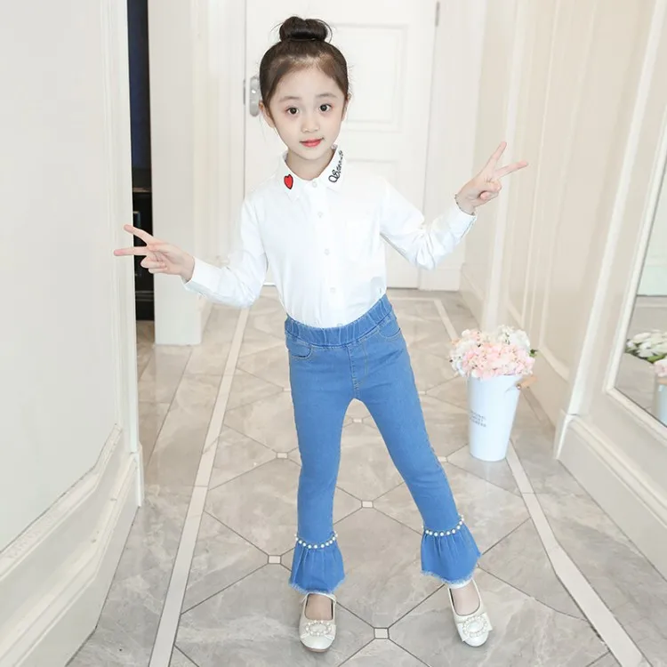 Детские джинсы для девочек весна-осень 2019 новые детские с вырезами джинсовые