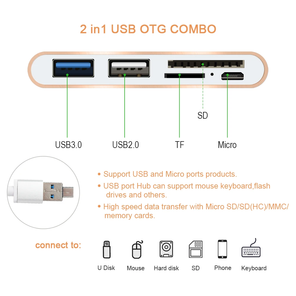 2 в 1 USB 3 0 концентратор Micro OTG Мульти сплиттер SD/Micro SD кардридер порт зарядного