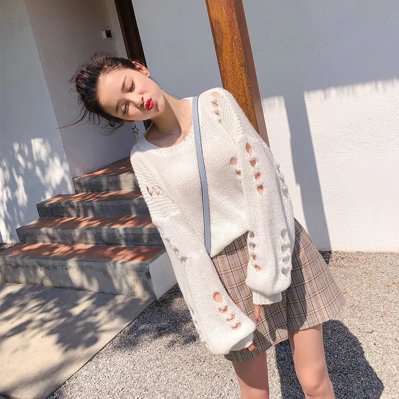 Ubei Fahion Baggy bubble sleeves broken holes beads plain color loose knitted sweater fashion pullovers | Женская одежда