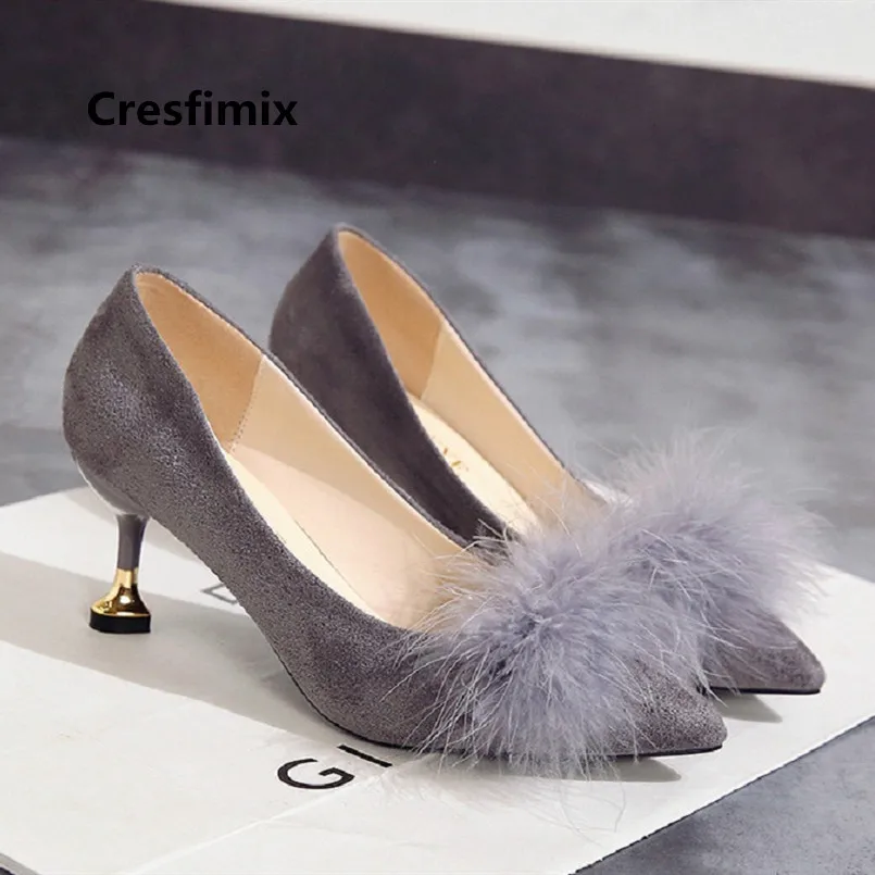 Cresfimix/женские милые черные туфли лодочки на тонком высоком каблуке с мехом