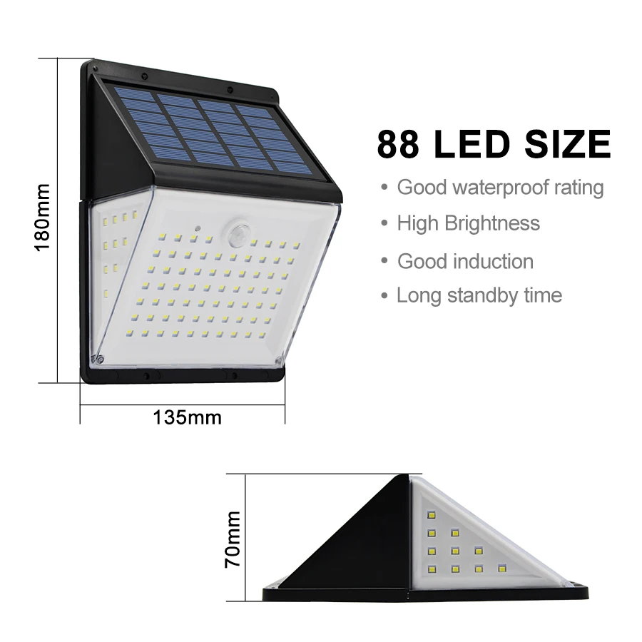 88 LED настенный светильник на солнечных батареях 3 сторонних световых индикатора