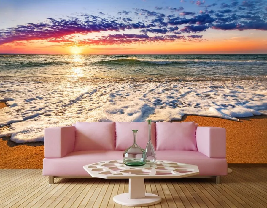 Пользовательские фрески Рассветы и закаты Побережье Морской пена Природные обои для гостиной ТВ-фон Диванная стена Спальня 3D-обои.