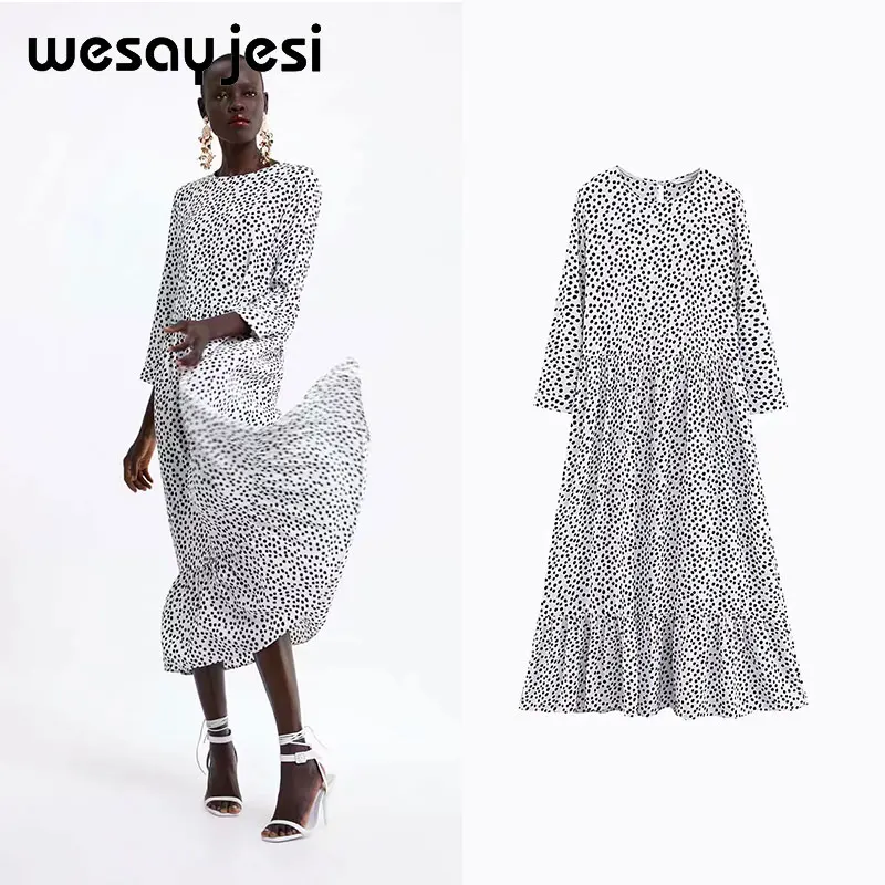 picture colour Летнее весеннее платье для женщин vestidos ТРАПЕЦИЕВИДНОЕ платье в горошек с оборками до середины икры и круглым вырезом с длинным рукавом vestidos de fiesta платье для вечеринок - Цвет: picture colour