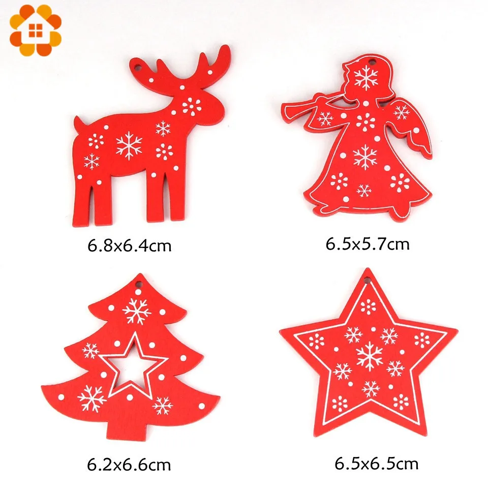 8PCS White&Red Wooden Christmas Ornaments Pendants Wood Crafts Hanging Xmas Tree Ornament Kids Gift Christmas Party Decorations