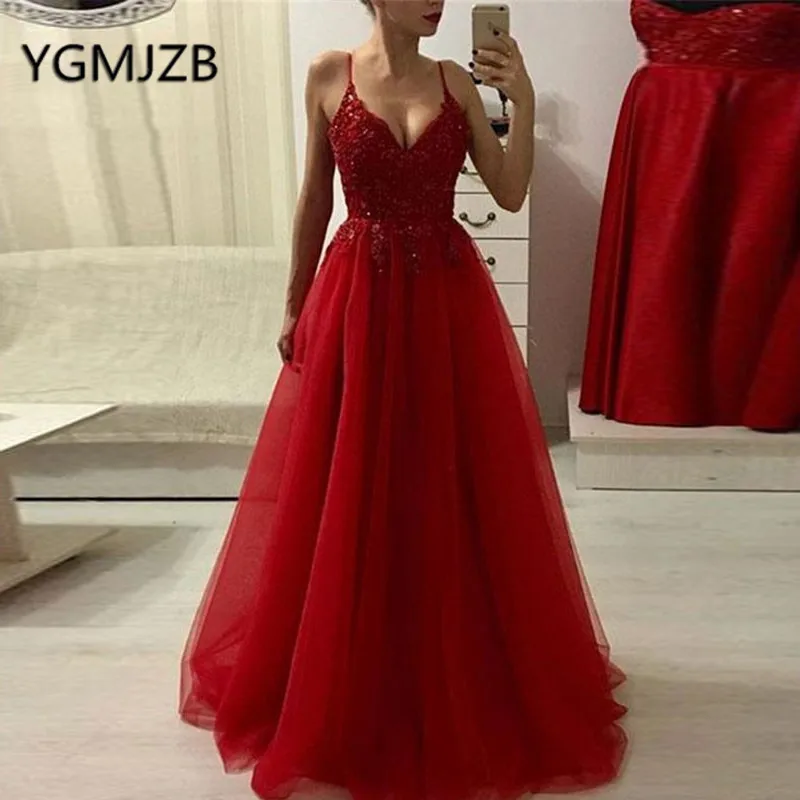 

Red Long Evening Dresses A-Line V Neck Spaghetti Strap Beaded Appliques Lace Tulle Prom Gown 2019 Women Formal Prom Party Dress