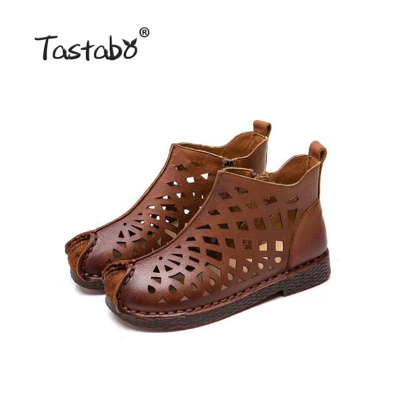 Brown Tastabo/Новинка; ажурные ботильоны; женская обувь из натуральной кожи на плоской подошве; удобная дышащая обувь на низком каблуке; нескользящая подошва - Цвет: Brown