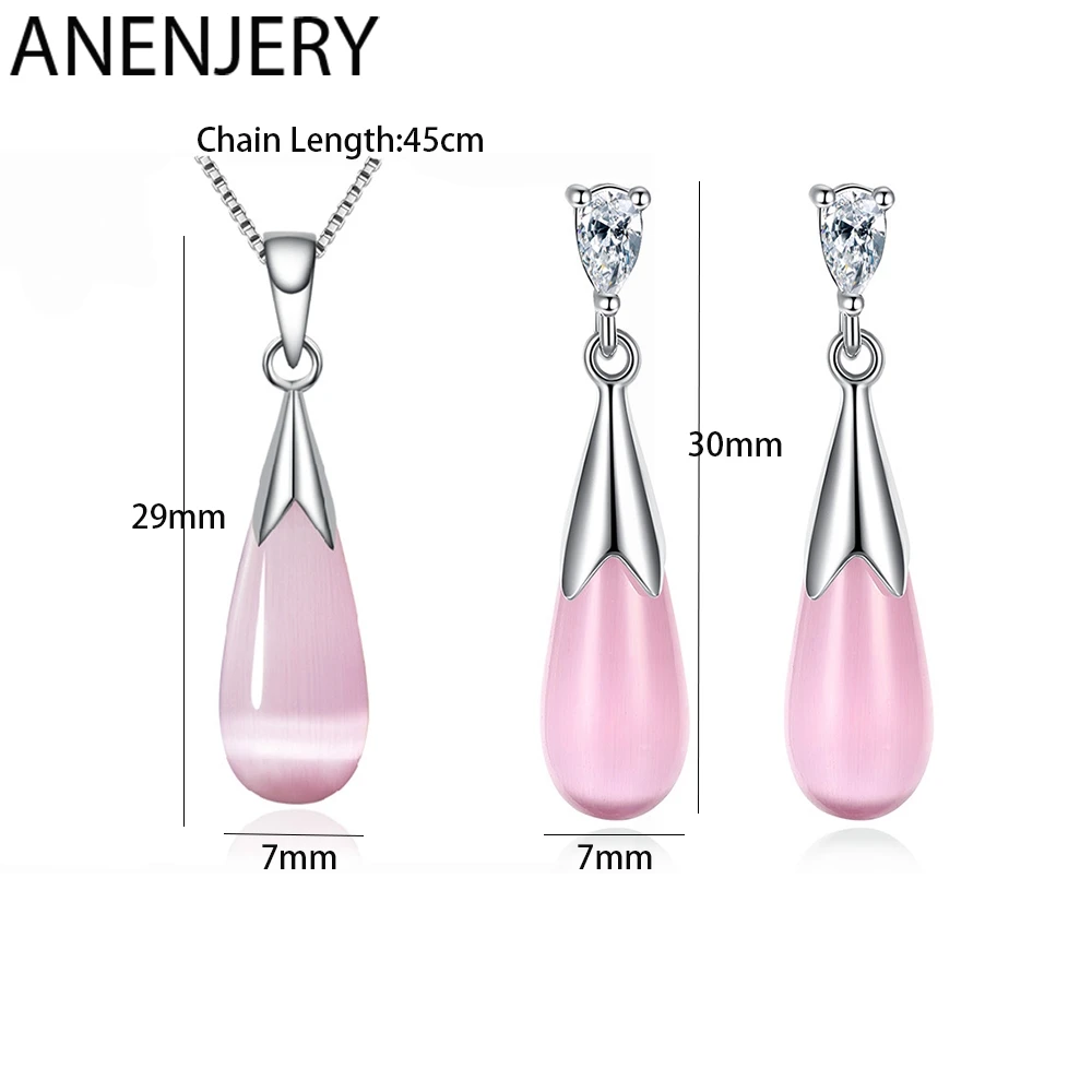 ANENJERY, 925 пробы, серебряные ювелирные наборы, лунный камень, опал, капля воды, ожерелье+ серьги для женщин, подарок для девочки