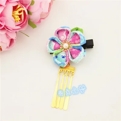 Лаконичный японский стиль Kanzashi цветок сакуры медные кисточкой красный розовый кимоно юката аксессуар ручной работы заколка для волос HW008-M - Цвет: Синий
