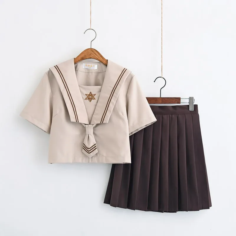 Short Sleeve Set Коричневая японская школьная форма для женщин в корейском морском стиле, школьная форма для девочек, японская форма - Цвет: Short Sleeve Set