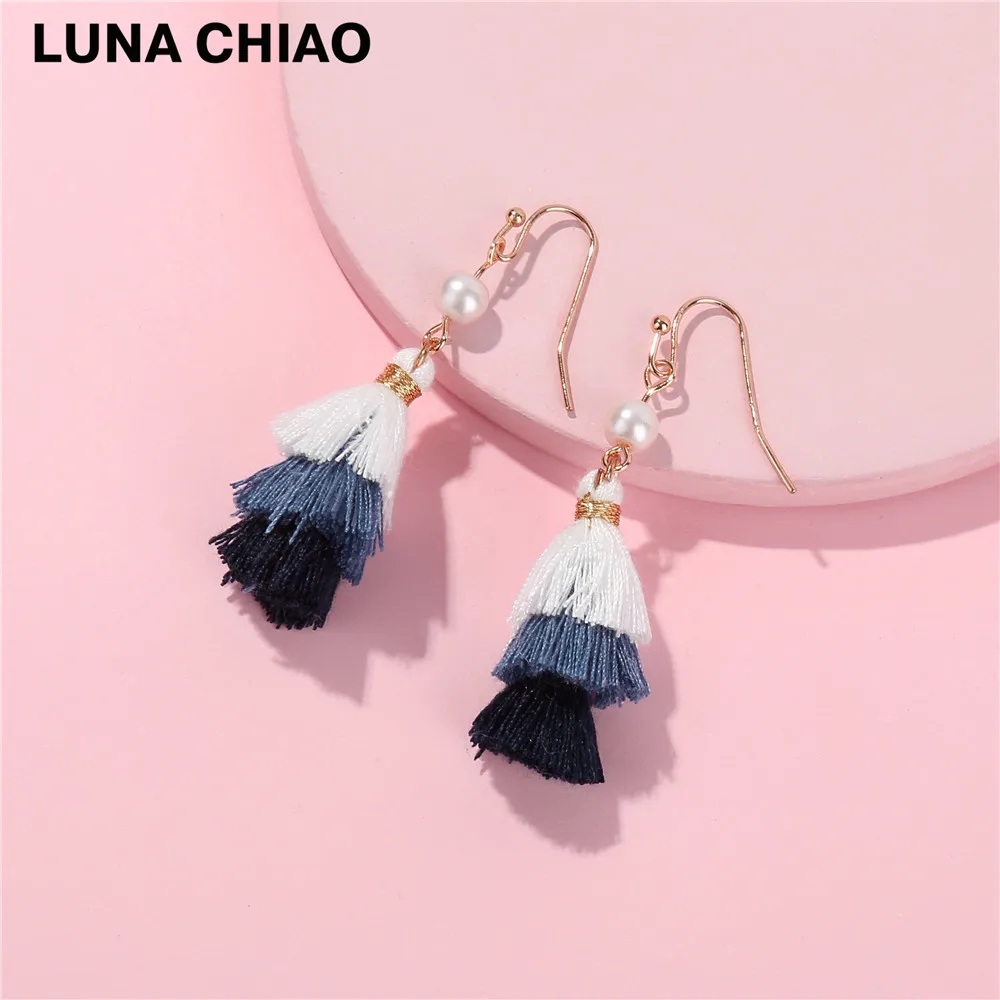 Женские мини серьги LUNA CHIAO разноцветные Многослойные хлопковые с кисточками и