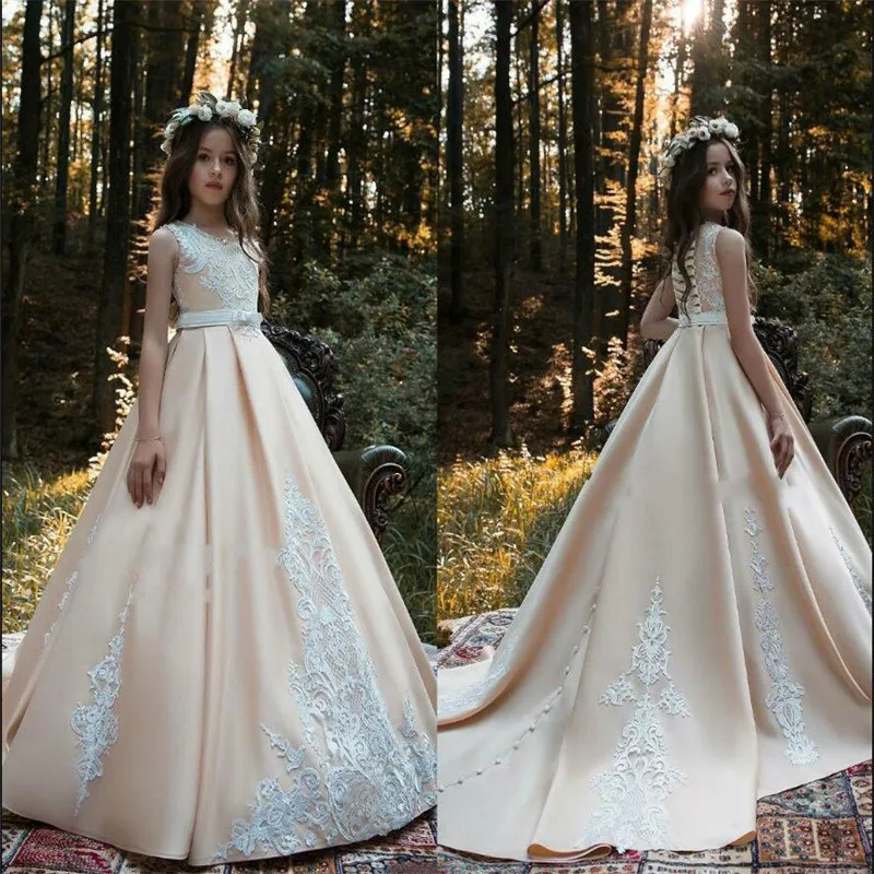 Blush Pink Flower Girl Dress with Buttons Appliques Lace Up Back Satin Princess for Wedding Birthday Belt and Sweep Train | Свадьбы и