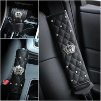 fashion diamond crown crystal car seat belt pad rhinestones leather gear shifter cover handbrake set car interior accessories