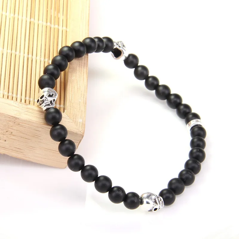 Thomas Skull and 6mm Matted Black Obsidian Bead Bracelet Rebel Heart Style Jewelry Gift for Women Men TS 499 | Украшения и