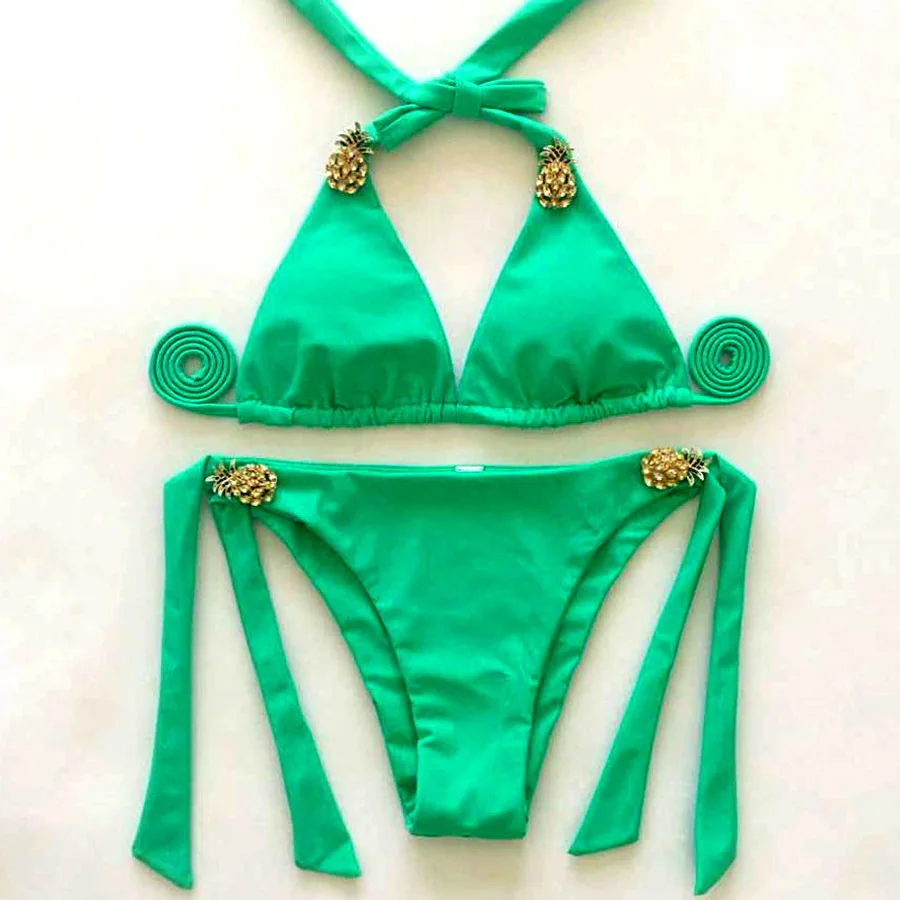 Oiyeefo Блестящий ананас Rhinstone бикини Зеленый Желтый Бриллиант роскошный купальный