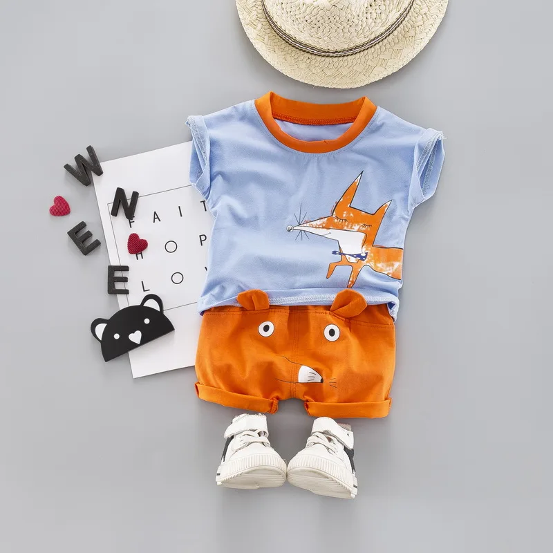 2019 Summer Toddler Boys Clothes Cartoon Fox T-shirt+Shorts 2pc Outfit Sport Suit For Girl Clothing Sets Children | Детская одежда и
