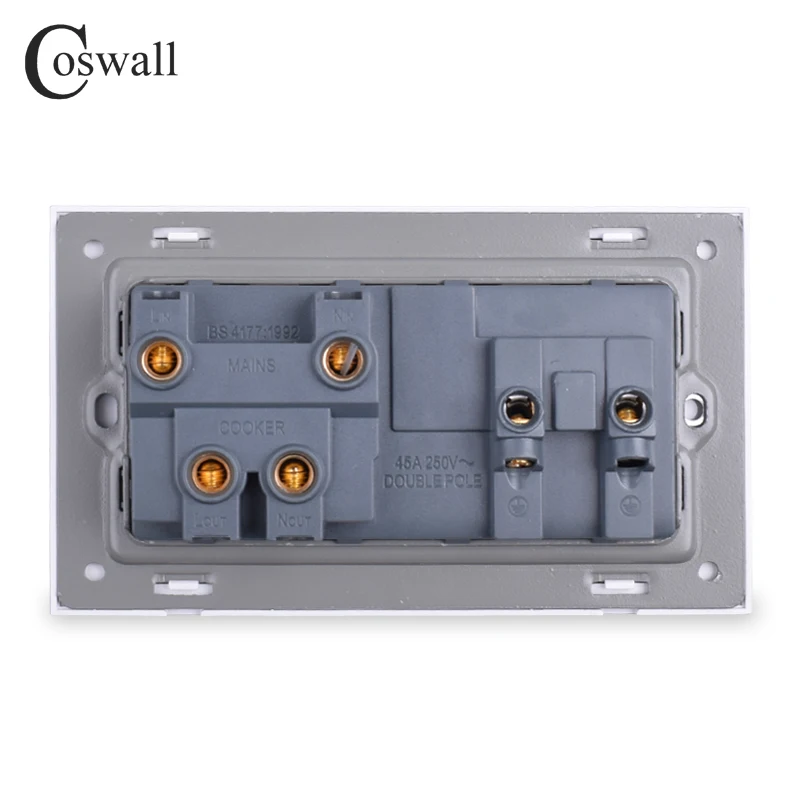 Настенный переключатель COSWALL 45A DP + розетка стандарта Великобритании 13A BS с неоновым закаленным стеклом 3x6 размеров, черная панель из закален... (art.: 7ac8a547f) - 7ac8a547f