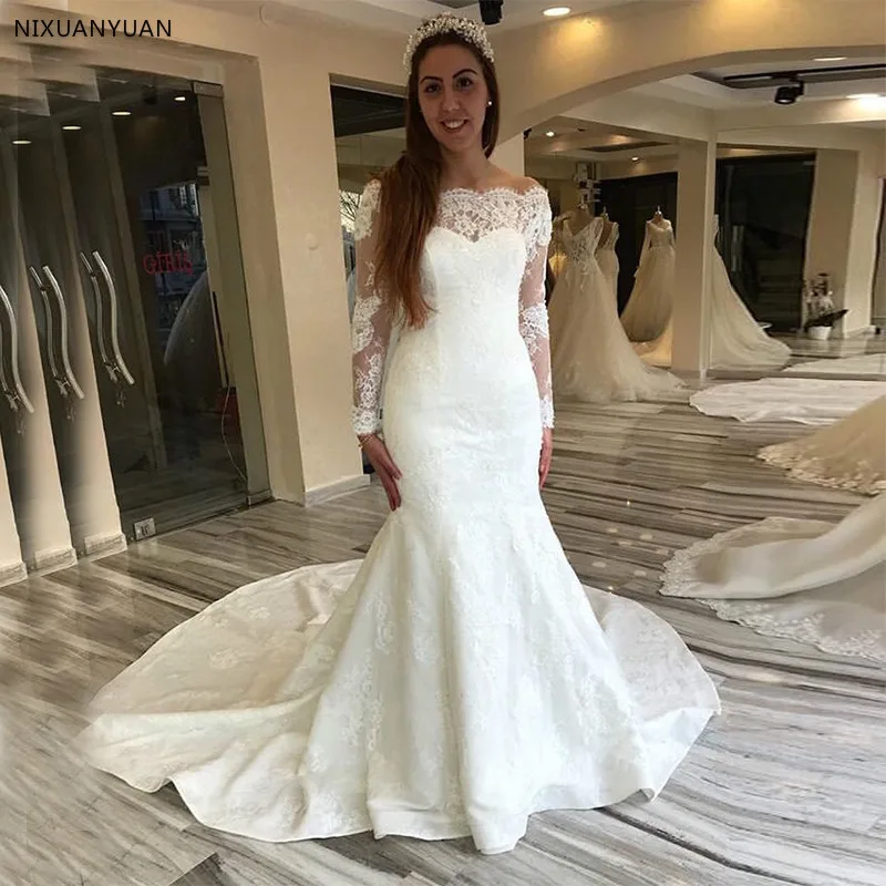 

Off The Shoulder Vintage Wedding Dress Long Sleeves White Ivory Vintage Bridal Gown Mermaid Style Chapel Train Vestido De Novia