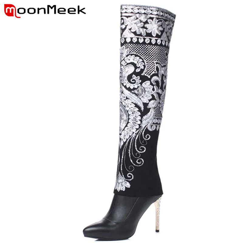 MoonMeek/Сапоги до колена женские зимние сапоги из натуральной кожи с вышивкой