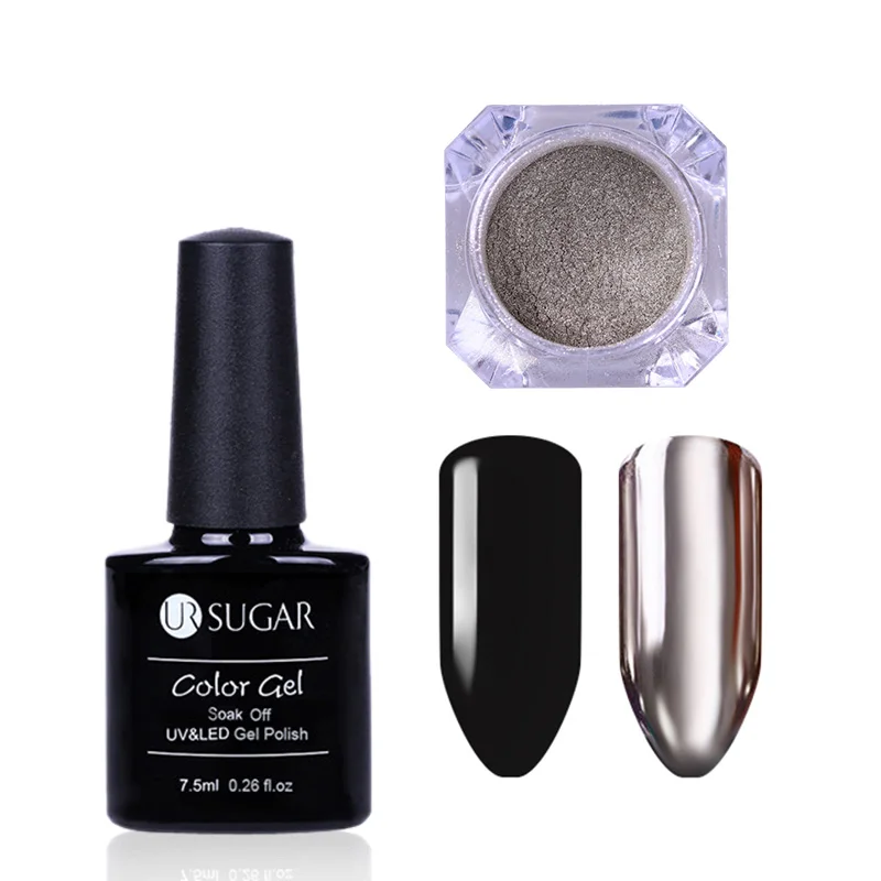 Black base Ur Sugar лак для ногтей УФ-гель лак с серебряным зеркальный ногтевой порошок мерцающий хромированный пигмент с Блестками Пыль маникюрный набор для дизайна ногтей - Цвет: Black base