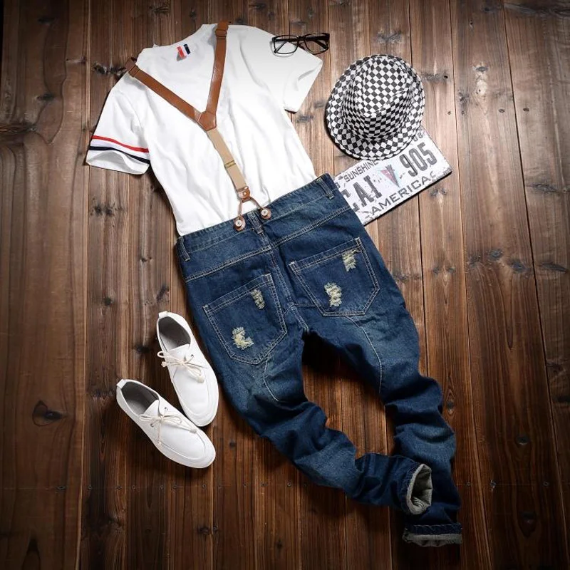 

Men's holes ripped denim slim bib overalls Vintage Japanese style suspenders jumpsuits Distressed jeans